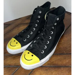 Converse All Star High Top Canvas Happy Face Shoes Black Yellow Men’s 11