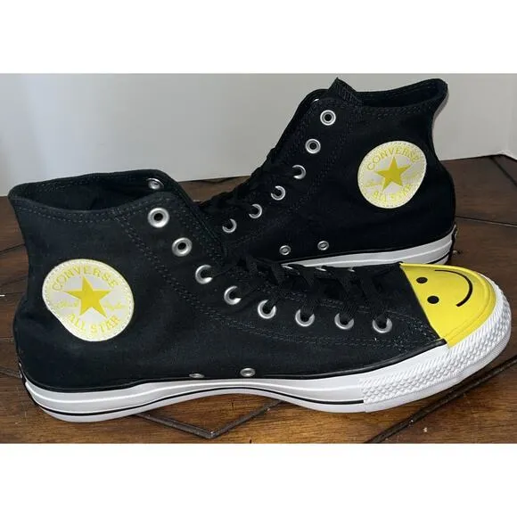 Converse All Star High Top Canvas Happy Face Shoes Black Yellow Men’s 11