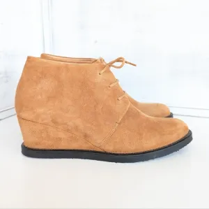 COTELAC Tan Suede Wedge Ankle Shoes with Lace-Up Design