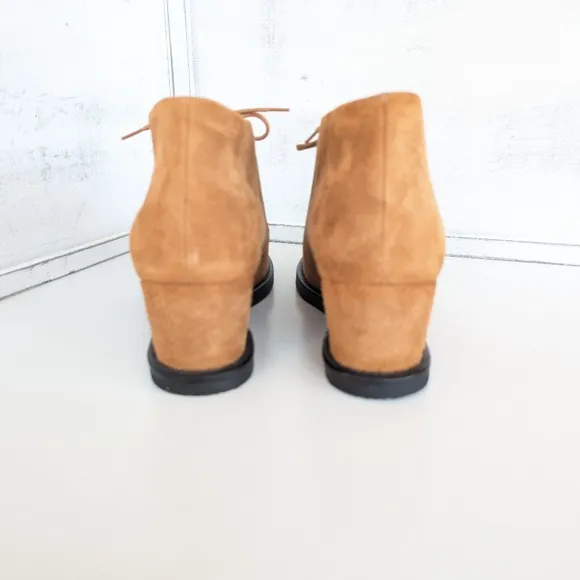 COTELAC Tan Suede Wedge Ankle Shoes with Lace-Up Design