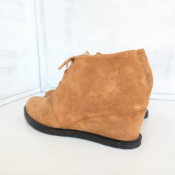COTELAC Tan Suede Wedge Ankle Shoes with Lace-Up Design