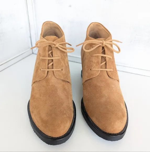 COTELAC Tan Suede Wedge Ankle Shoes with Lace-Up Design