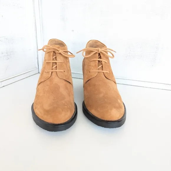 COTELAC Tan Suede Wedge Ankle Shoes with Lace-Up Design