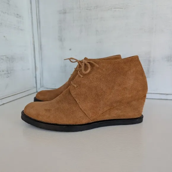 COTELAC Tan Suede Wedge Ankle Shoes with Lace-Up Design