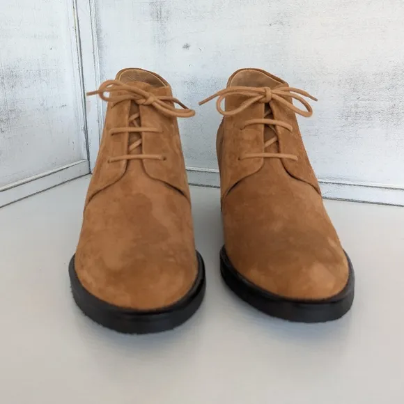 COTELAC Tan Suede Wedge Ankle Shoes with Lace-Up Design