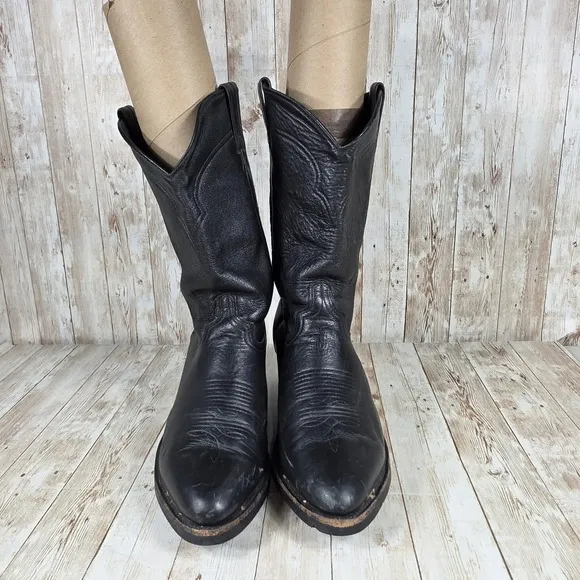 Cowboy Western Boots Leather Pull On Work‎ Riding Black Boots Size 10 EE