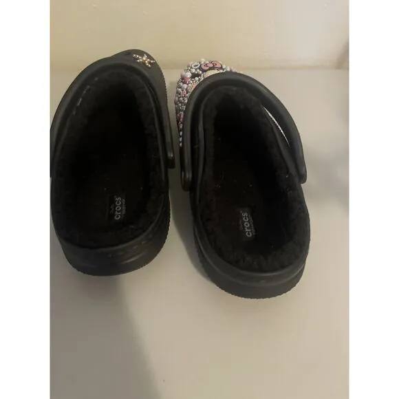 Crocs Bling Bedazzled Handmade Custom Hello Kitty Gem Black Faux Fur Women 10