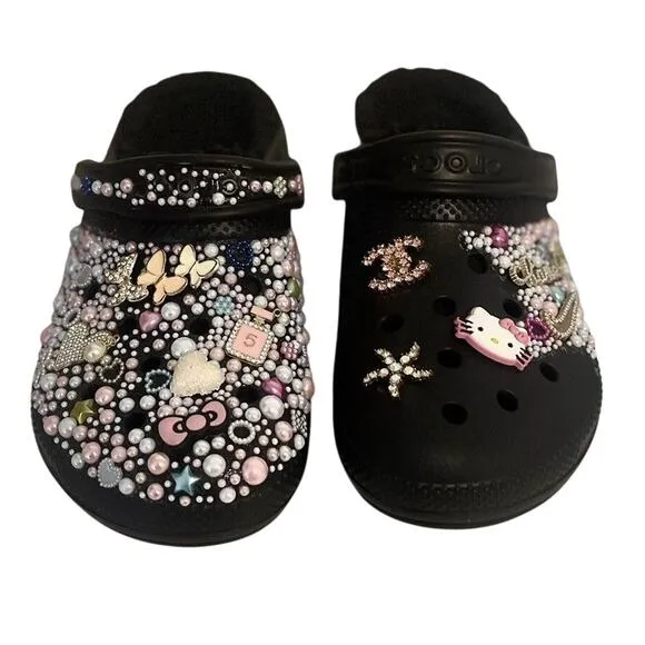 Crocs Bling Bedazzled Handmade Custom Hello Kitty Gem Black Faux Fur Women 10