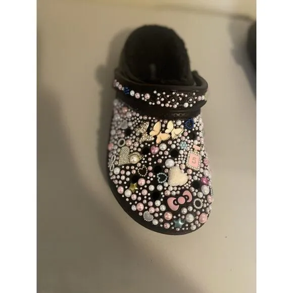 Crocs Bling Bedazzled Handmade Custom Hello Kitty Gem Black Faux Fur Women 10