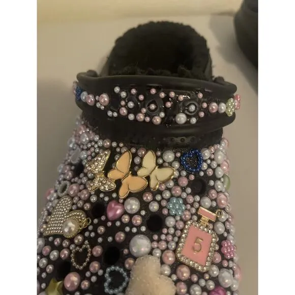 Crocs Bling Bedazzled Handmade Custom Hello Kitty Gem Black Faux Fur Women 10