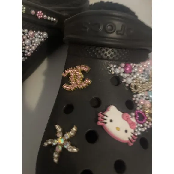 Crocs Bling Bedazzled Handmade Custom Hello Kitty Gem Black Faux Fur Women 10