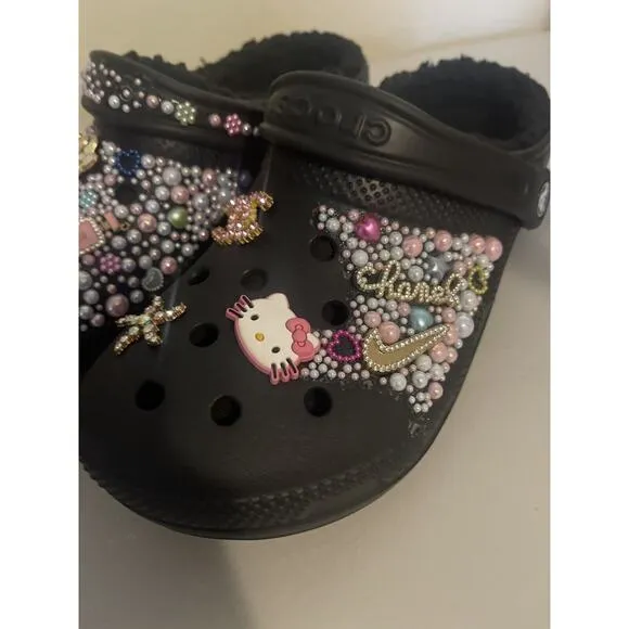 Crocs Bling Bedazzled Handmade Custom Hello Kitty Gem Black Faux Fur Women 10