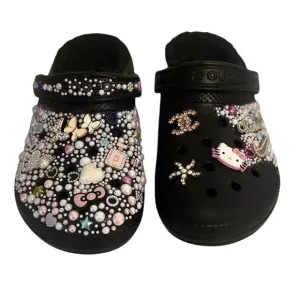 Crocs Bling Bedazzled Handmade Custom Hello Kitty Gem Black Faux Fur Women 10