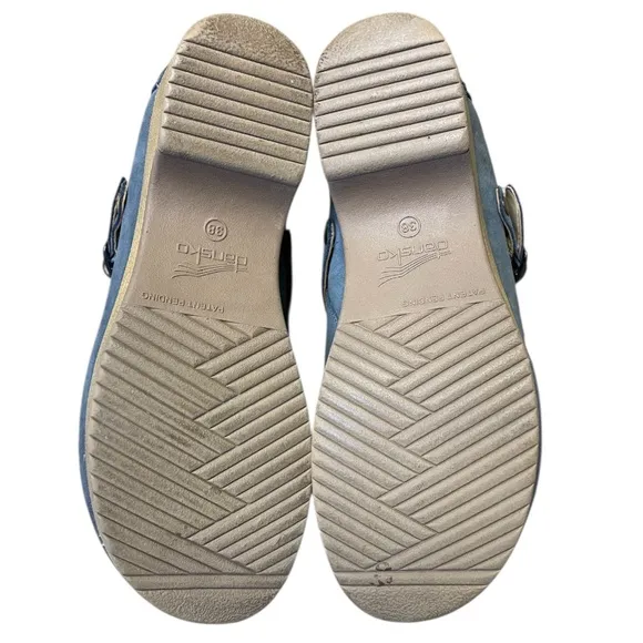 Dansko Berry Denim Burnished Nubuck Clog Size 38 8 Woodgrain Sole Leather Shoes