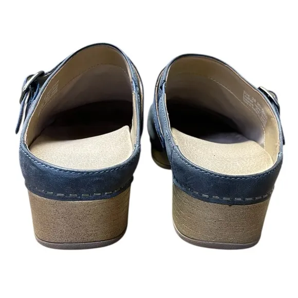 Dansko Berry Denim Burnished Nubuck Clog Size 38 8 Woodgrain Sole Leather Shoes