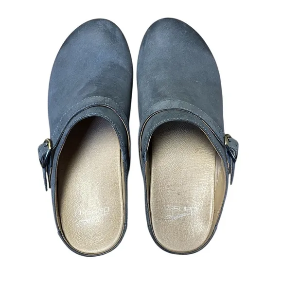 Dansko Berry Denim Burnished Nubuck Clog Size 38 8 Woodgrain Sole Leather Shoes