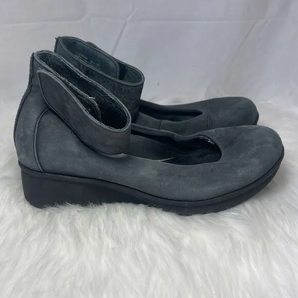 Dansko Lulu Dusky Grey-Black Ankle Strap Wedge Shoes Sz 37/US 6.5-7
