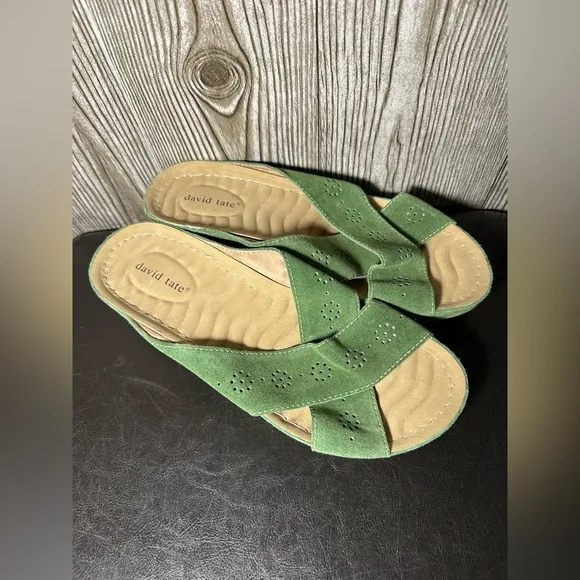 David Tate Green Suede Savannah Platform Wedge Sandals Sz 10W NWOB