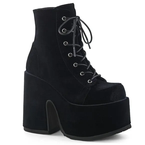 Demonia Camel-203 Black Velvet Ankle Platform Boots