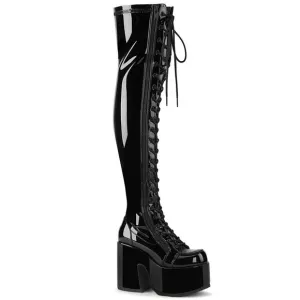Demonia Camel 300 Black Thigh High Platform Boots