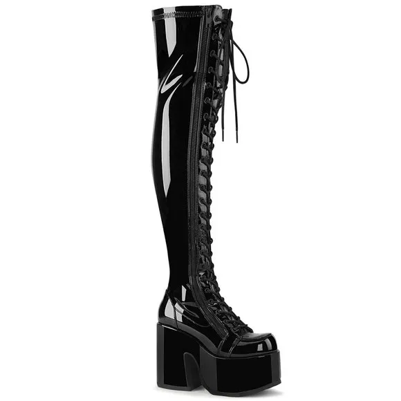 Demonia Camel 300 Black Thigh High Platform Boots