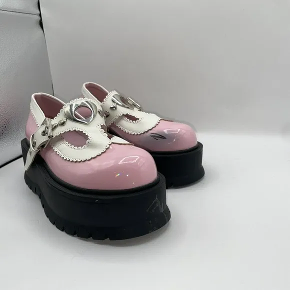 Demonia Womens Sz 7 Slacker-23 Platform Maryjane Shoes Chunky Heart Buckle Pink