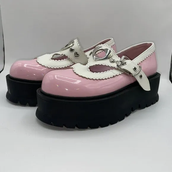 Demonia Womens Sz 7 Slacker-23 Platform Maryjane Shoes Chunky Heart Buckle Pink