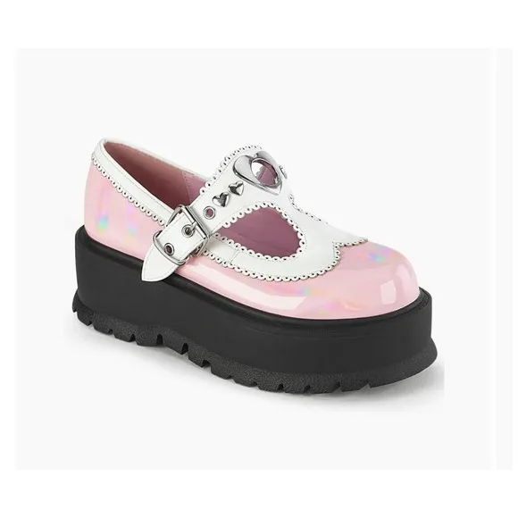 Demonia Womens Sz 7 Slacker-23 Platform Maryjane Shoes Chunky Heart Buckle Pink