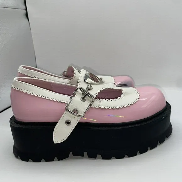 Demonia Womens Sz 7 Slacker-23 Platform Maryjane Shoes Chunky Heart Buckle Pink