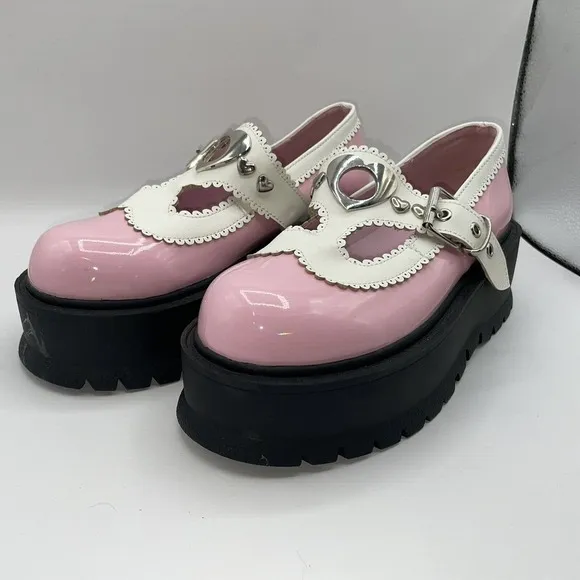 Demonia Womens Sz 7 Slacker-23 Platform Maryjane Shoes Chunky Heart Buckle Pink