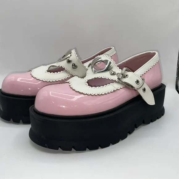 Demonia Womens Sz 7 Slacker-23 Platform Maryjane Shoes Chunky Heart Buckle Pink