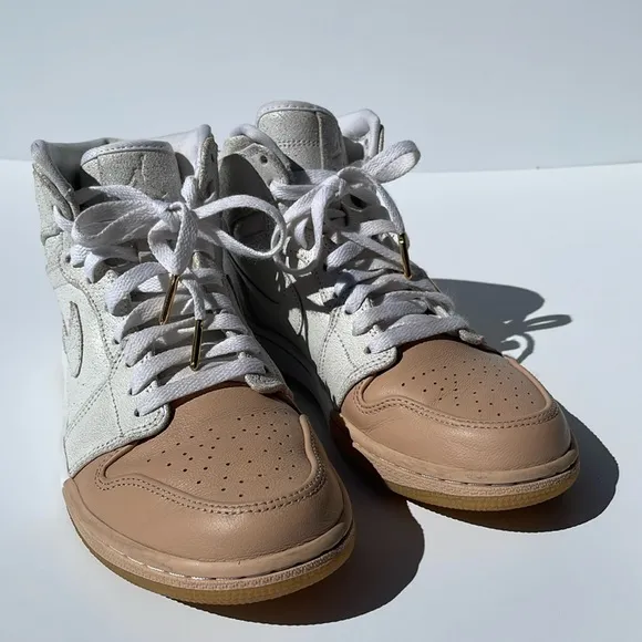 Dipped Retro Air Jordan 1 high top lustre white leather with tan toe &amp; gold logo