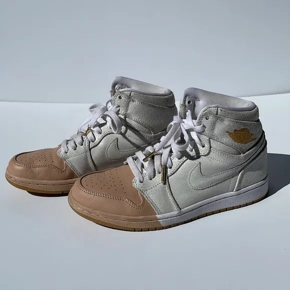 Dipped Retro Air Jordan 1 high top lustre white leather with tan toe &amp; gold logo