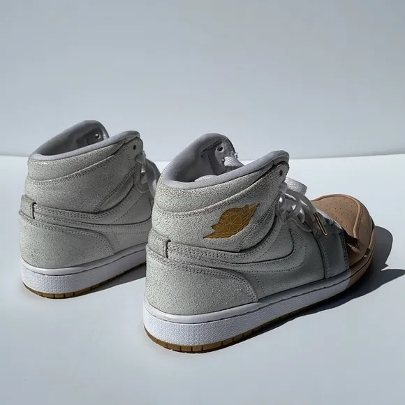 Dipped Retro Air Jordan 1 high top lustre white leather with tan toe &amp; gold logo