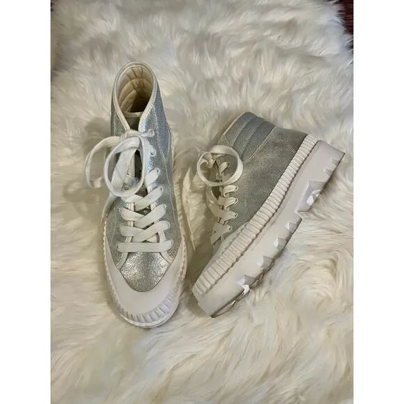 Dolce Vita Ociana High Top Sneakers Shoes Silver Shimmer Glitter White 7.5 EUC