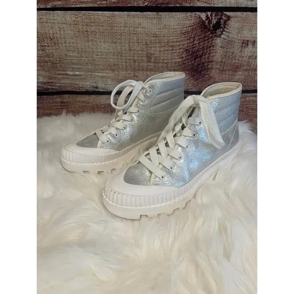 Dolce Vita Ociana High Top Sneakers Shoes Silver Shimmer Glitter White 7.5 EUC