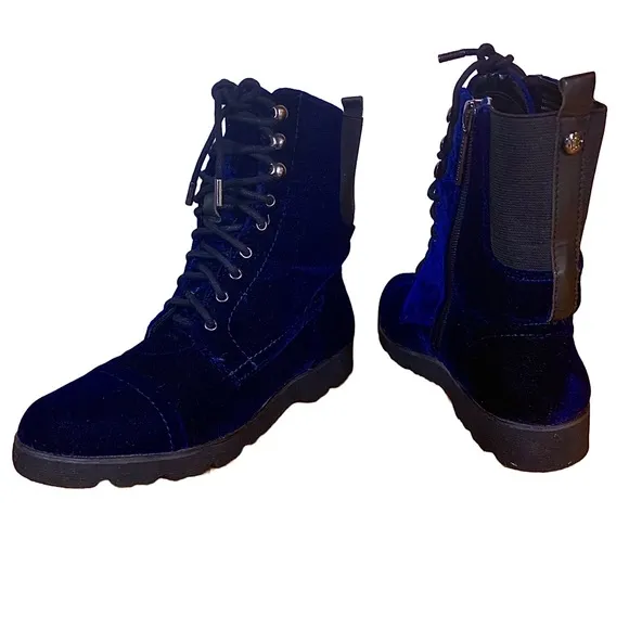 DONALD J. PLINER &quot;CAILEN&quot; BLUE &amp; BLACK VELOUR COMBAT BOOTS (7M)