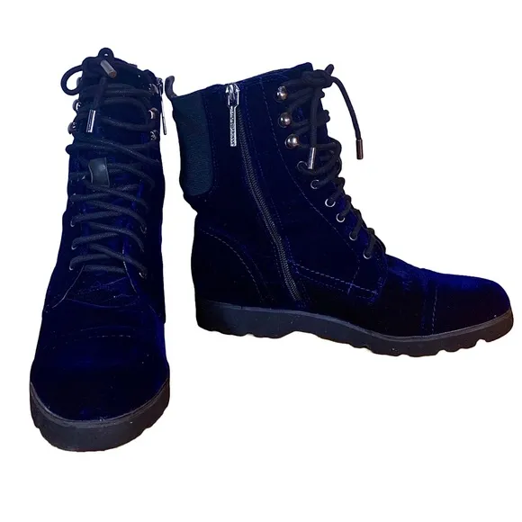 DONALD J. PLINER &quot;CAILEN&quot; BLUE &amp; BLACK VELOUR COMBAT BOOTS (7M)