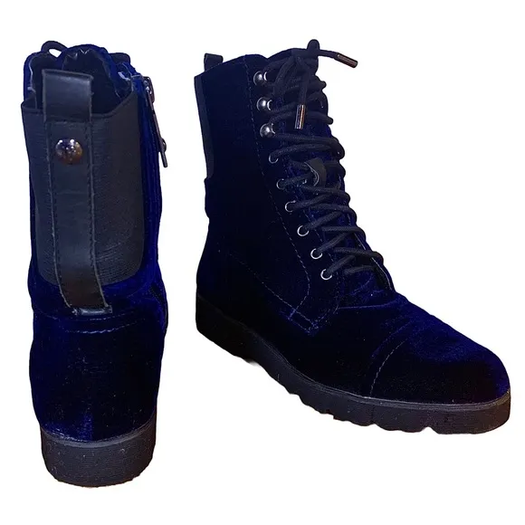 DONALD J. PLINER &quot;CAILEN&quot; BLUE &amp; BLACK VELOUR COMBAT BOOTS (7M)