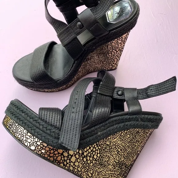 DONALD J PLINER DMSX black gold speckle wedge heels shoes sandal 7.5