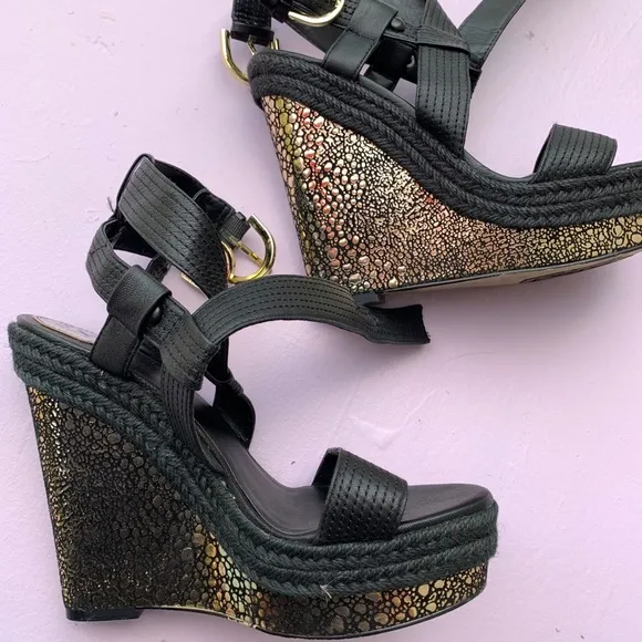 DONALD J PLINER DMSX black gold speckle wedge heels shoes sandal 7.5