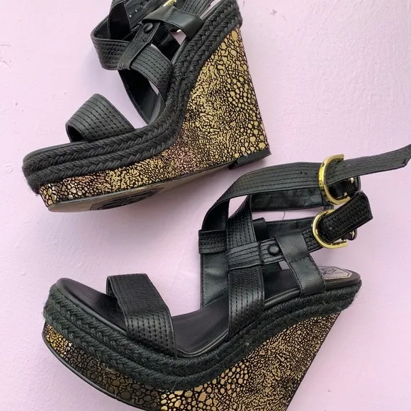 DONALD J PLINER DMSX black gold speckle wedge heels shoes sandal 7.5