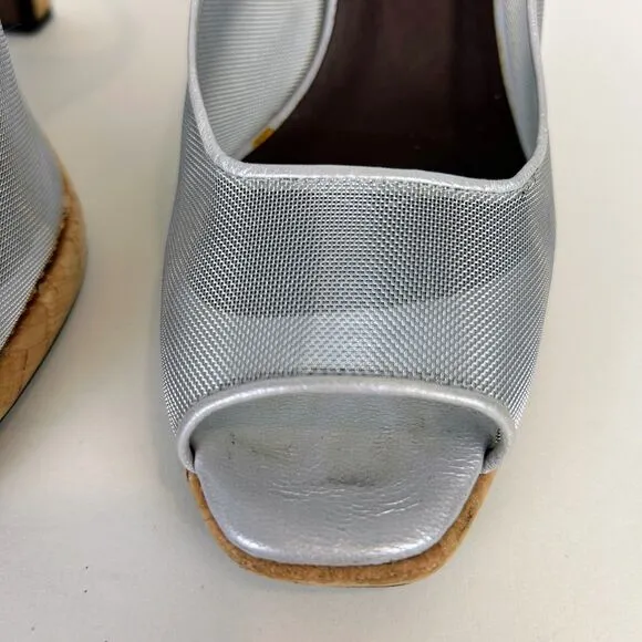 DONALD J PLINER Metallic Silver Mesh Open Toe Cork Wedge Slingback Heels Sz 8.5