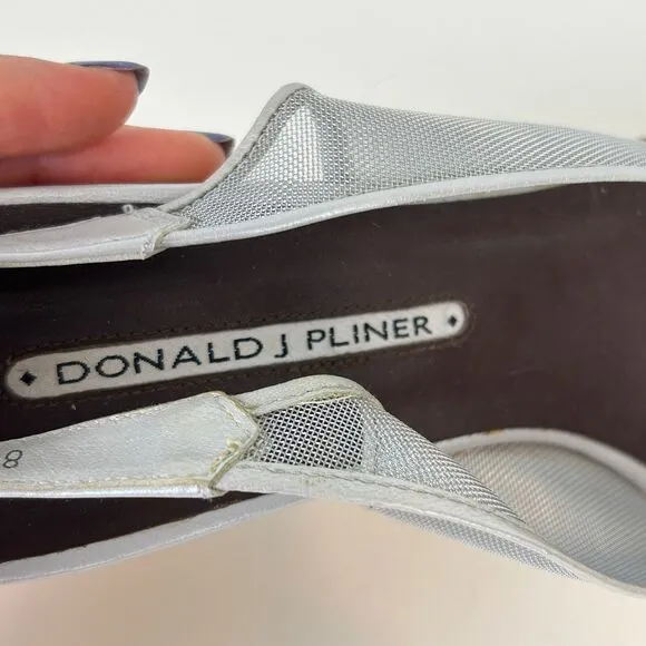 DONALD J PLINER Metallic Silver Mesh Open Toe Cork Wedge Slingback Heels Sz 8.5