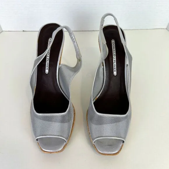 DONALD J PLINER Metallic Silver Mesh Open Toe Cork Wedge Slingback Heels Sz 8.5