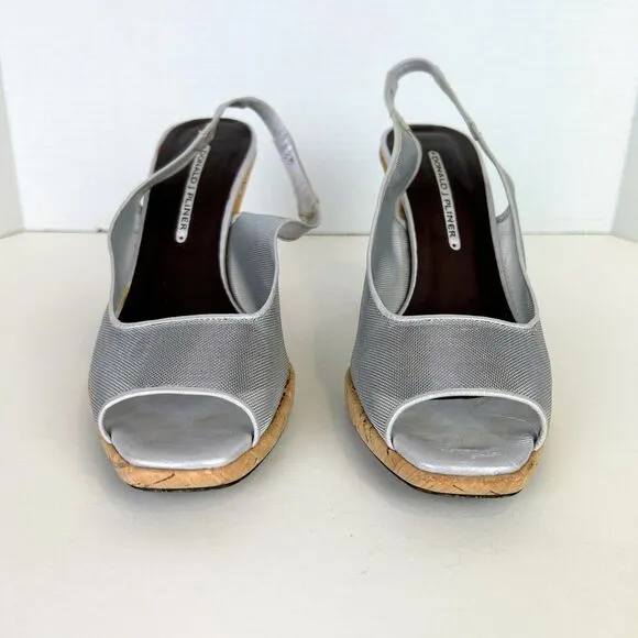 DONALD J PLINER Metallic Silver Mesh Open Toe Cork Wedge Slingback Heels Sz 8.5