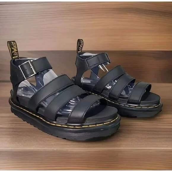 Dr Doc Martens Blaire Sandals Women 8 Black Hydro Leather Strappy Platform *flaw