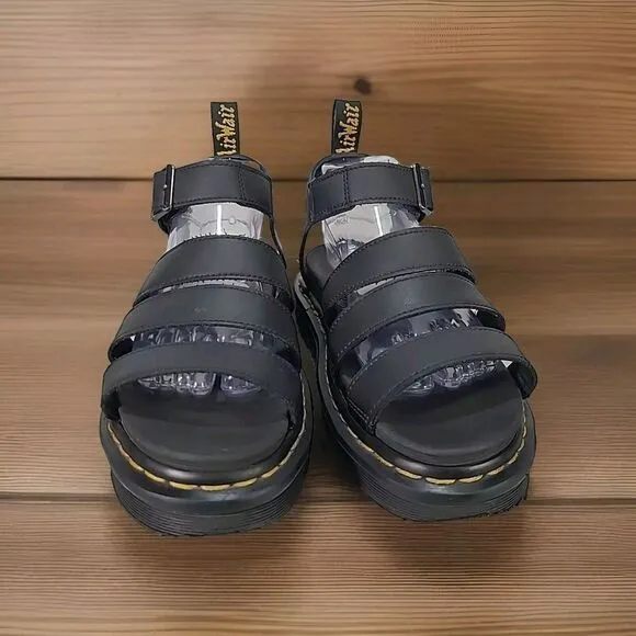 Dr Doc Martens Blaire Sandals Women 8 Black Hydro Leather Strappy Platform *flaw
