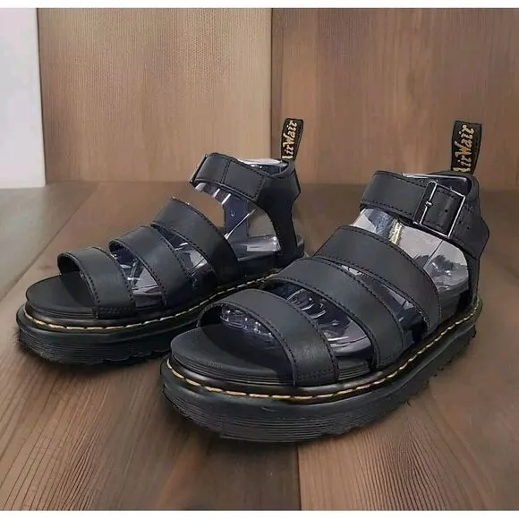 Dr Doc Martens Blaire Sandals Women 8 Black Hydro Leather Strappy Platform *flaw