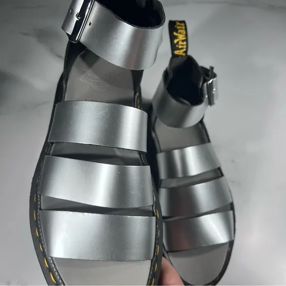 Dr Martens Clarissa II Silver Metallic Calf Black Leather Platform Sandals